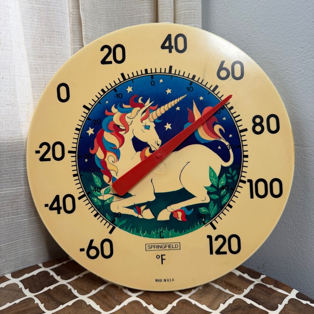 Vintage Springfield Rainbow Unicorn Dial Thermometer Wall Made in‎ USA Round 12"